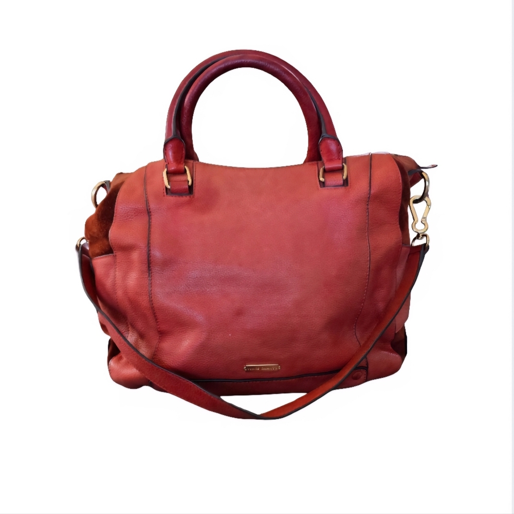 Vince Camuto Hobo Slouchy Bag Leather Suede Trim Shoulder Purse Cognac Red